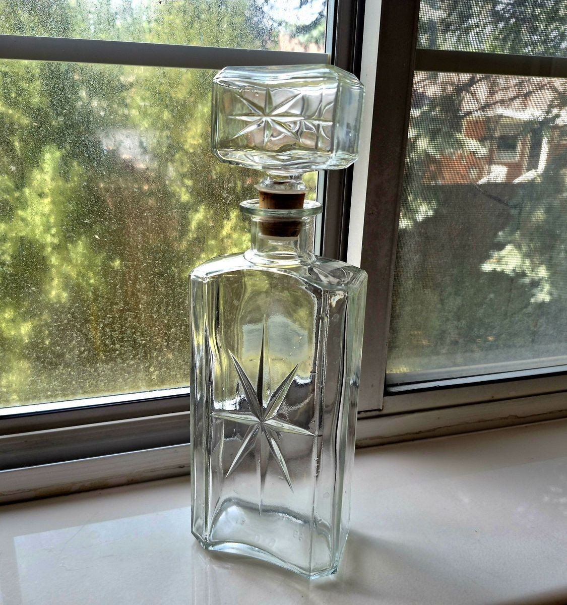 MCM Clear Glass Liquor Decanter with Starburst Cut Pattern and Stopper