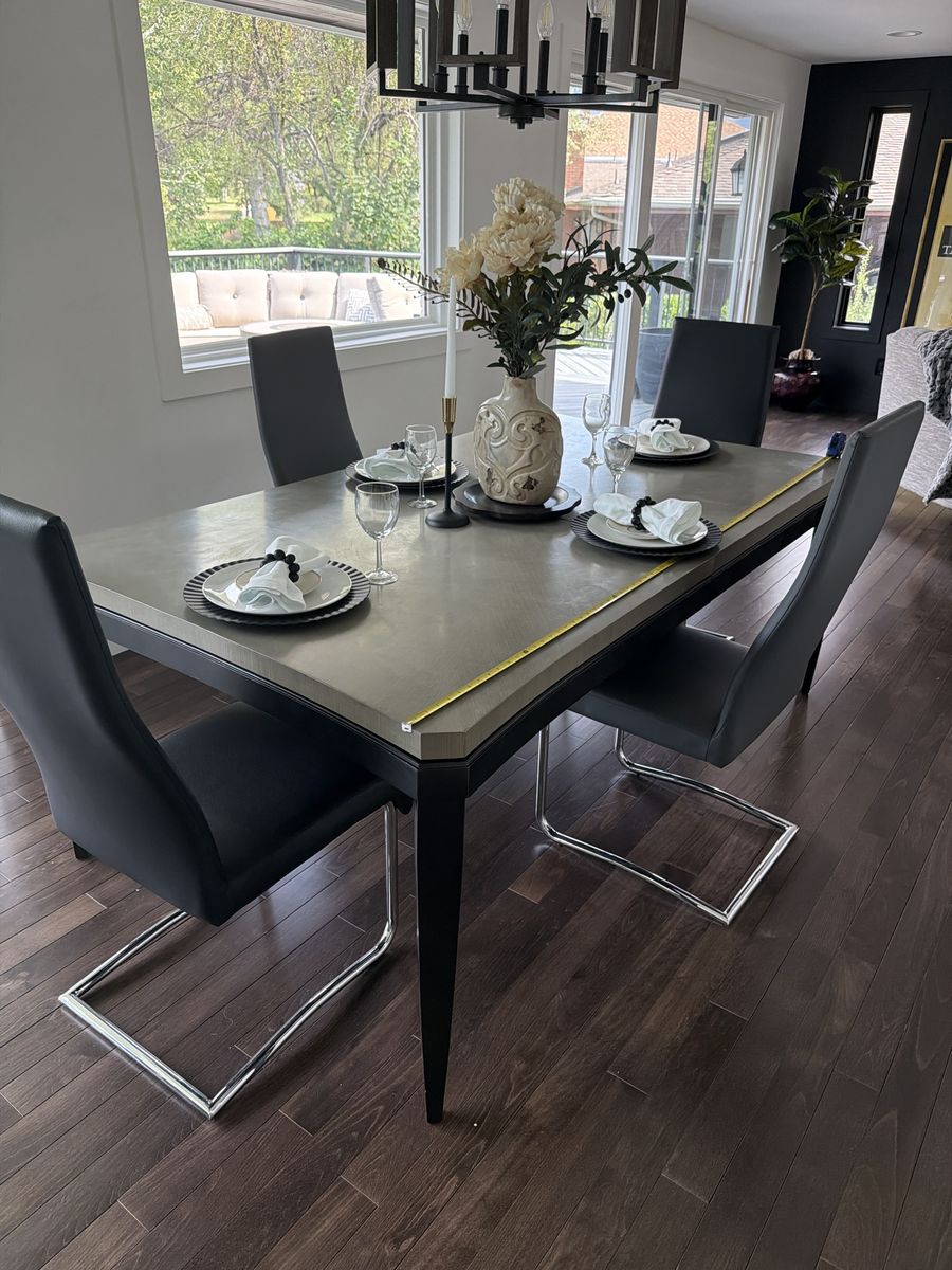 Modern Dining Table with 8 Black Faux Leather Chrome Cantilever Chairs (2 black, 6 gray)