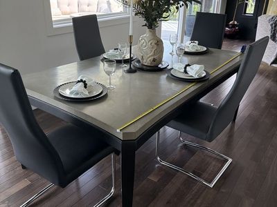 Modern Dining Table with 8 Black Faux Leather Chrome Cantilever Chairs (2 black, 6 gray)
