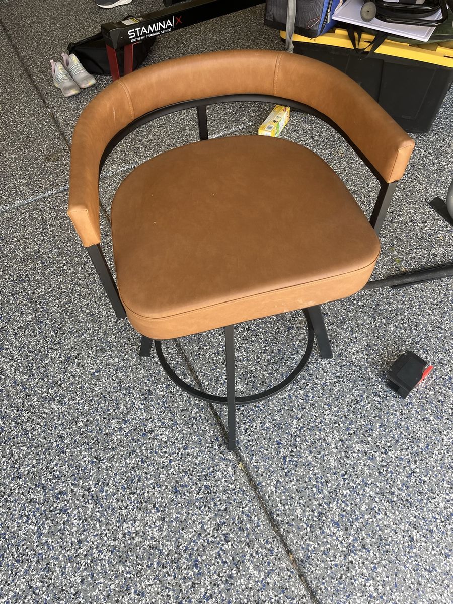 Modern Tan Faux Leather Swivel Bar Stool with Black Metal Frame