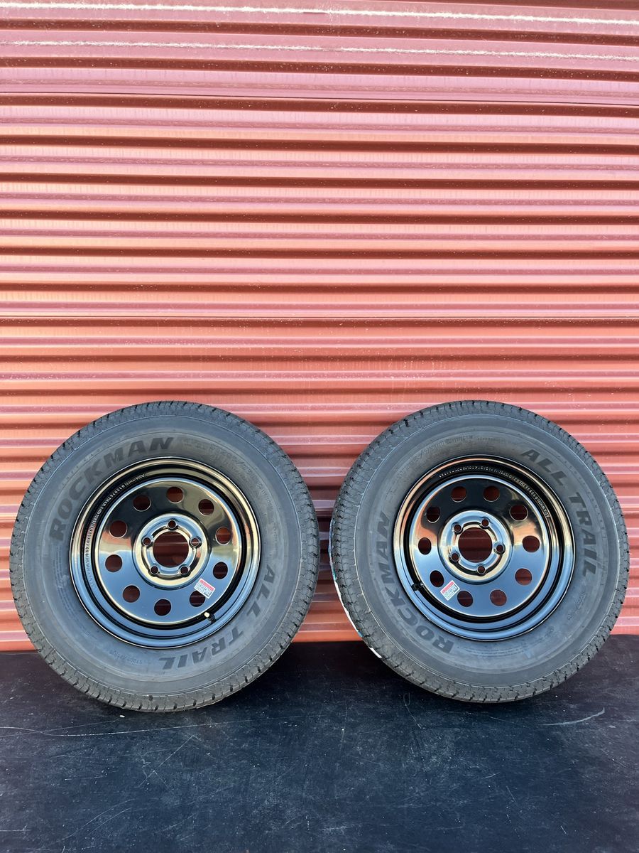 New Set of 2 Rockman ST 205/75 R 15 Trailer Tires Mounted on New Black Mod Wheels Heavy Duty 10 Ply  E Load