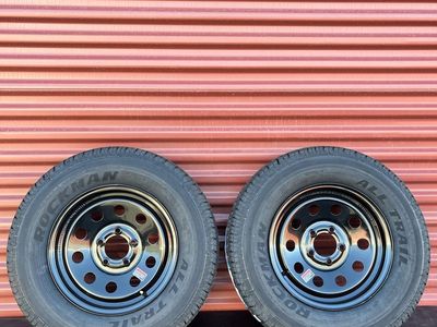New Set of 2 Rockman ST 205/75 R 15 Trailer Tires Mounted on New Black Mod Wheels Heavy Duty 10 Ply E Load