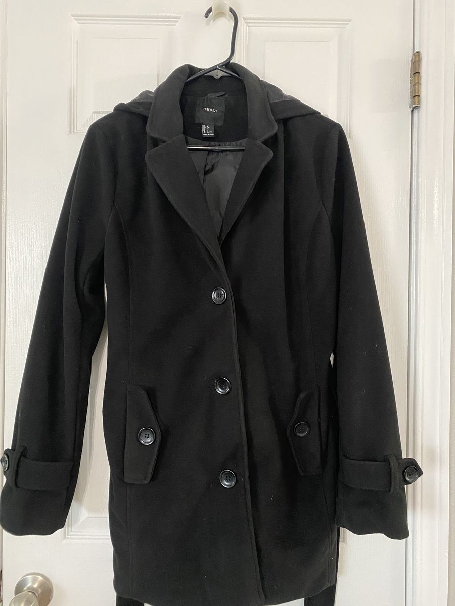Black Wool Blend Hooded Coat / Jacket With Belt