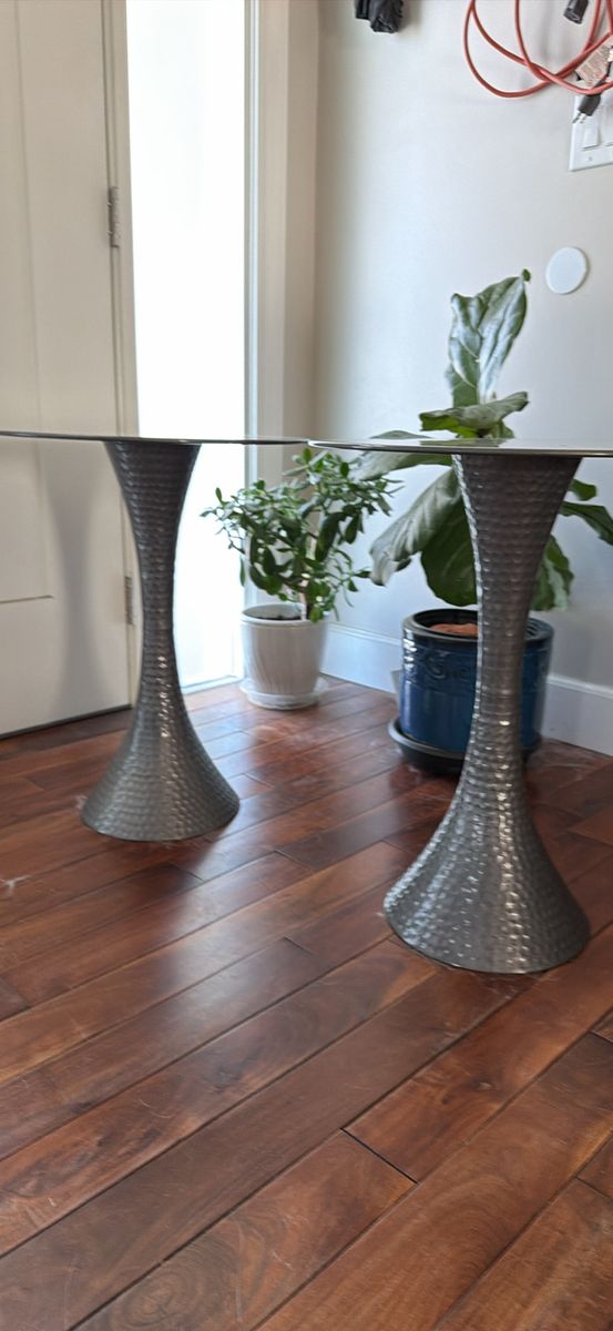 Set of 2 Silver Hammered Metal & Glass Top Side/End Tables - Modern Accent Furniture