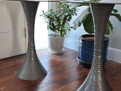 Set of 2 Silver Hammered Metal & Glass Top Side/End Tables - Modern Accent Furniture