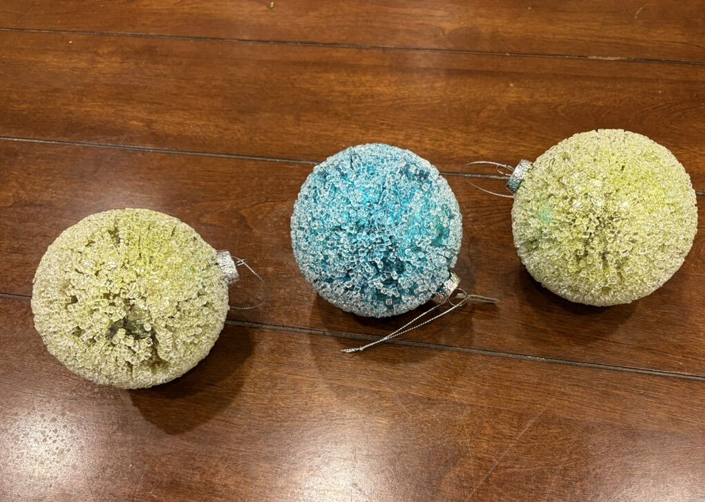 3 New Large Glass Ornaments W/Chunky Beads On Them