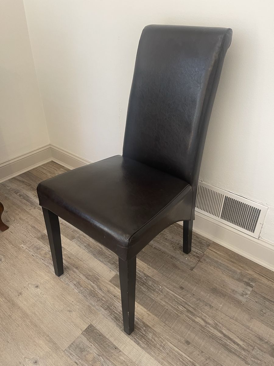 Dark Brown Faux Leather High-Back Dining Chair with Rolled Top