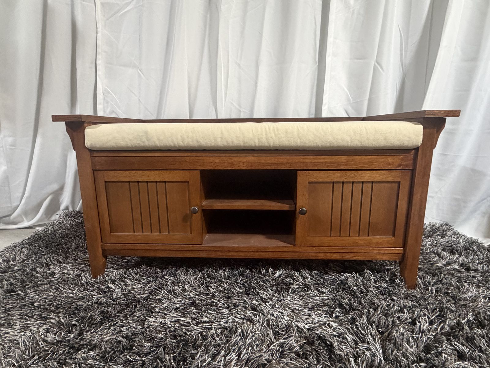Wooden Entryway Storage Bench with Cushion and Cabinet Doors