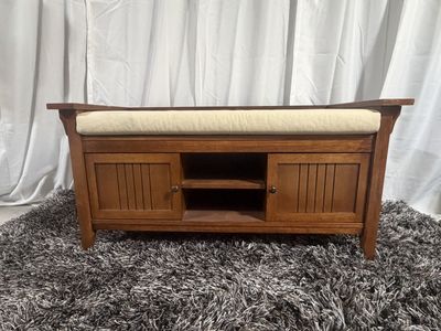 Wooden Entryway Storage Bench with Cushion and Cabinet Doors
