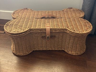 Wicker Dog Bone Shaped Storage Basket with Leather Strap Handle