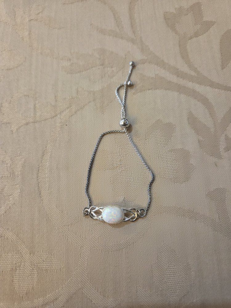 Silver-Tone Adjustable Chain Bracelet with White Opal Stone