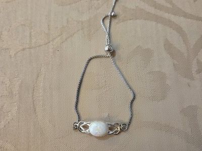 Silver-Tone Adjustable Chain Bracelet with White Opal Stone