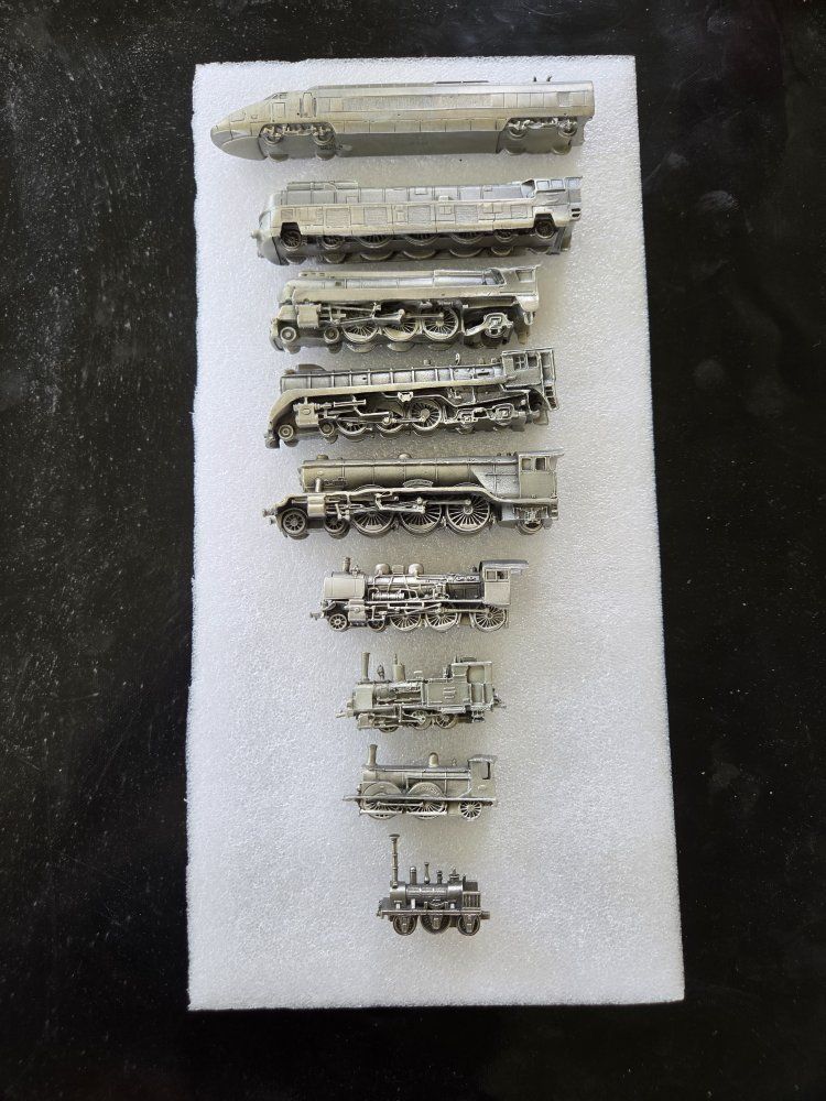 Vintage Pewter Miniature Locomotive Train Collection Set of 9 Franklin Mint 1985.