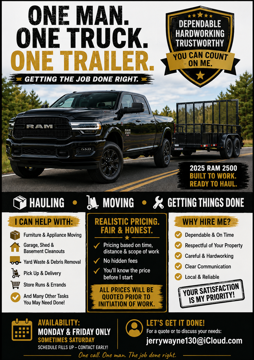 1 man, a pickup truck and a trailer
