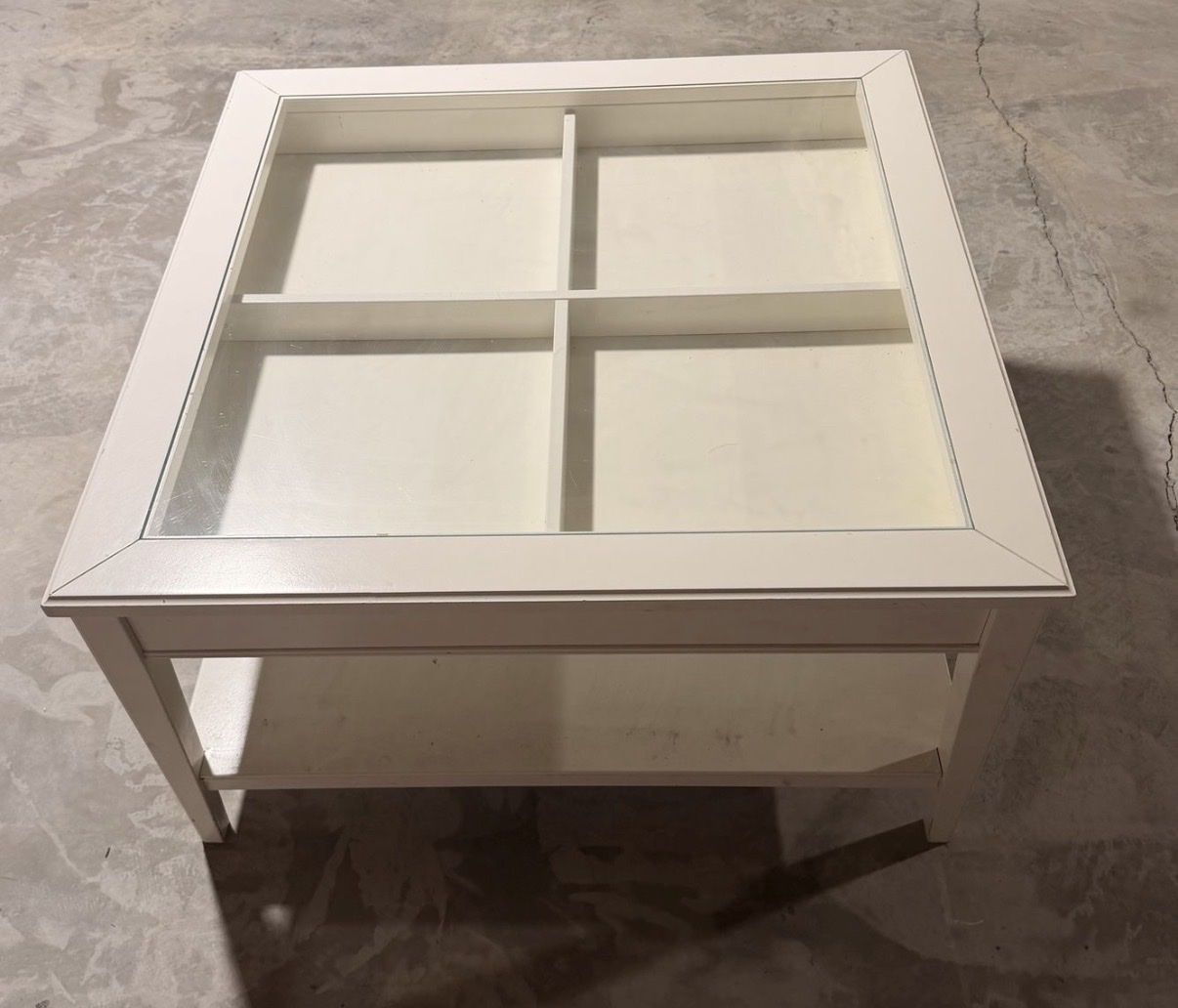 White Wood Square Coffee Table with Glass Top & Storage Display