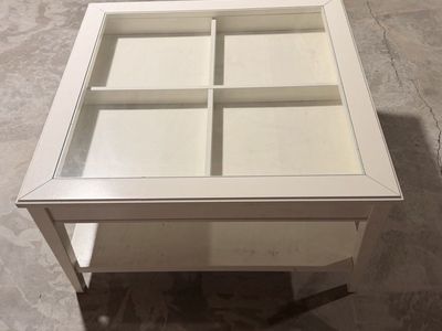 White Wood Square Coffee Table with Glass Top & Storage Display