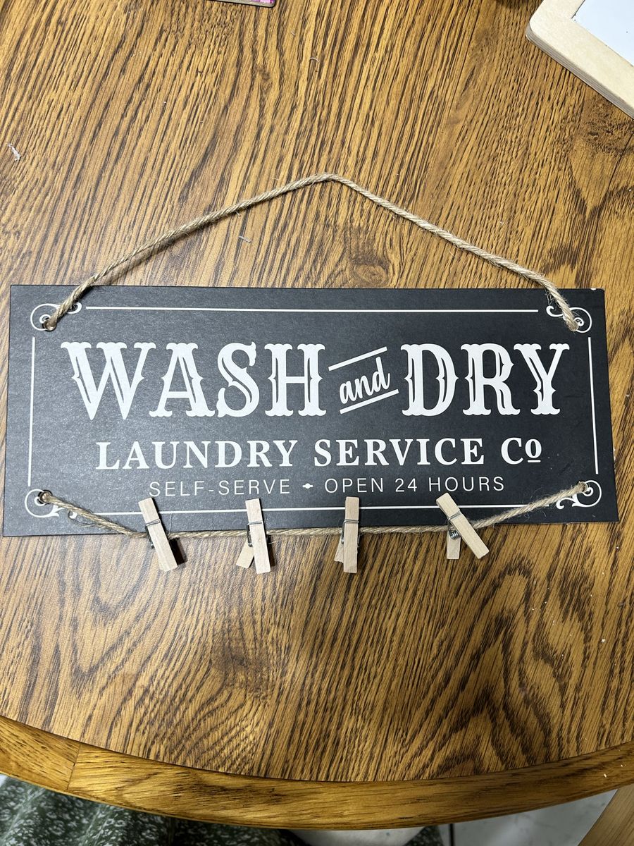 Wash and Dry Laundry Service Co. Wall Decor Sign with Clothespins - Black & White, Rope Hanger