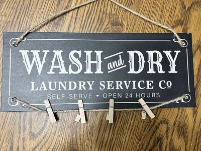 Wash and Dry Laundry Service Co. Wall Decor Sign with Clothespins - Black & White, Rope Hanger