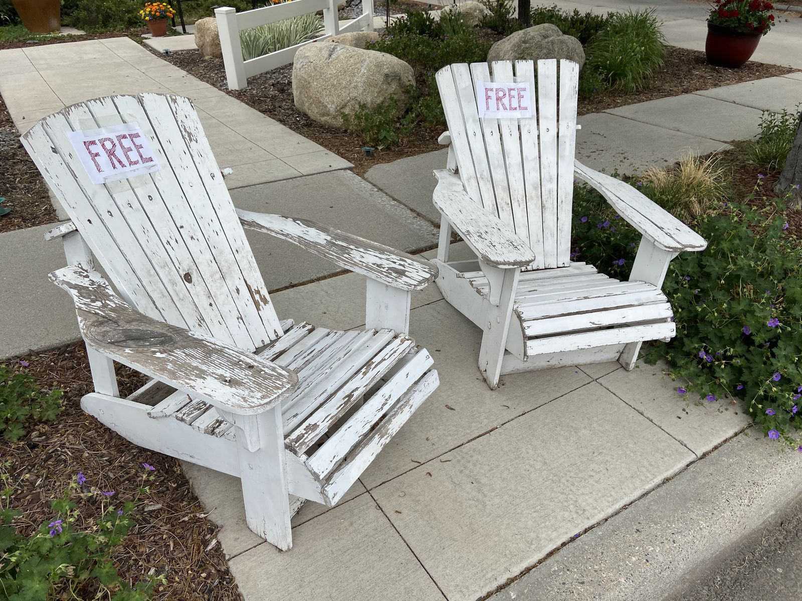 Pair of Adirondack Chairs - Free to Good Home! Weathered White Patio Furniture