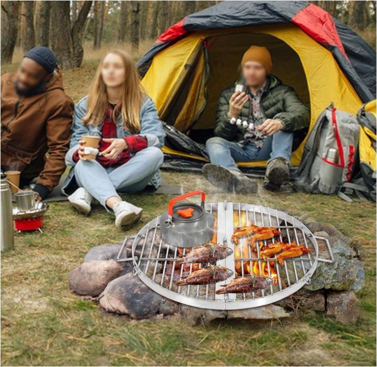 NEW! Camping Grill Grate, Foldable, 17” Round w/Pole, Chain & Hook, Carrying Bag