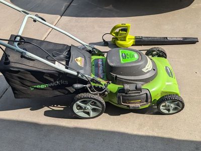 Greenworks corded lawnmower and blower combo