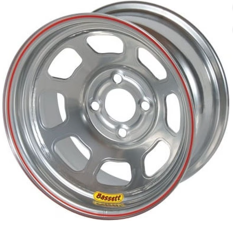 New - (1) Bassett 57RH3S 15x7 DOT D-Hole 4x100 mm 3" Bckspc Silver Wheel
