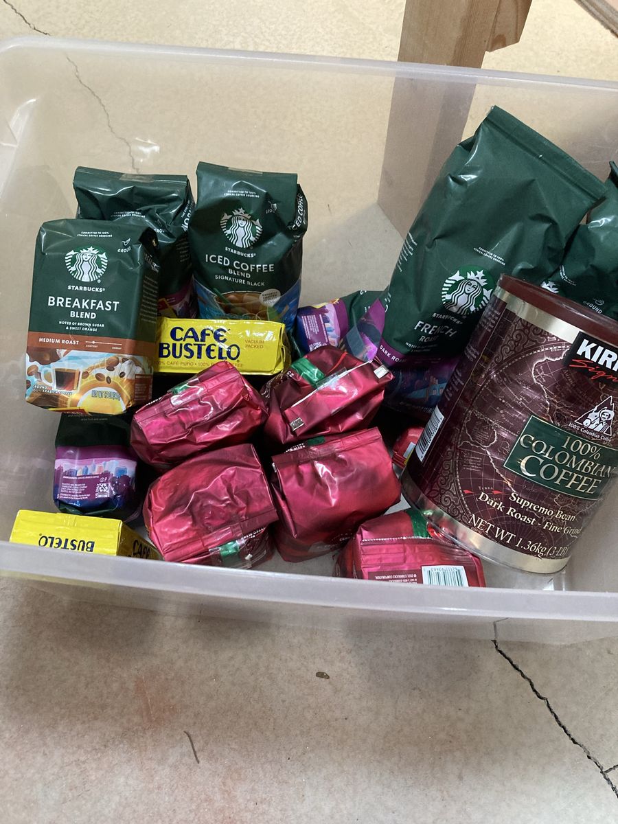 Bin of Starbucks and other coffee