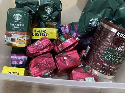 Bin of Starbucks and other coffee