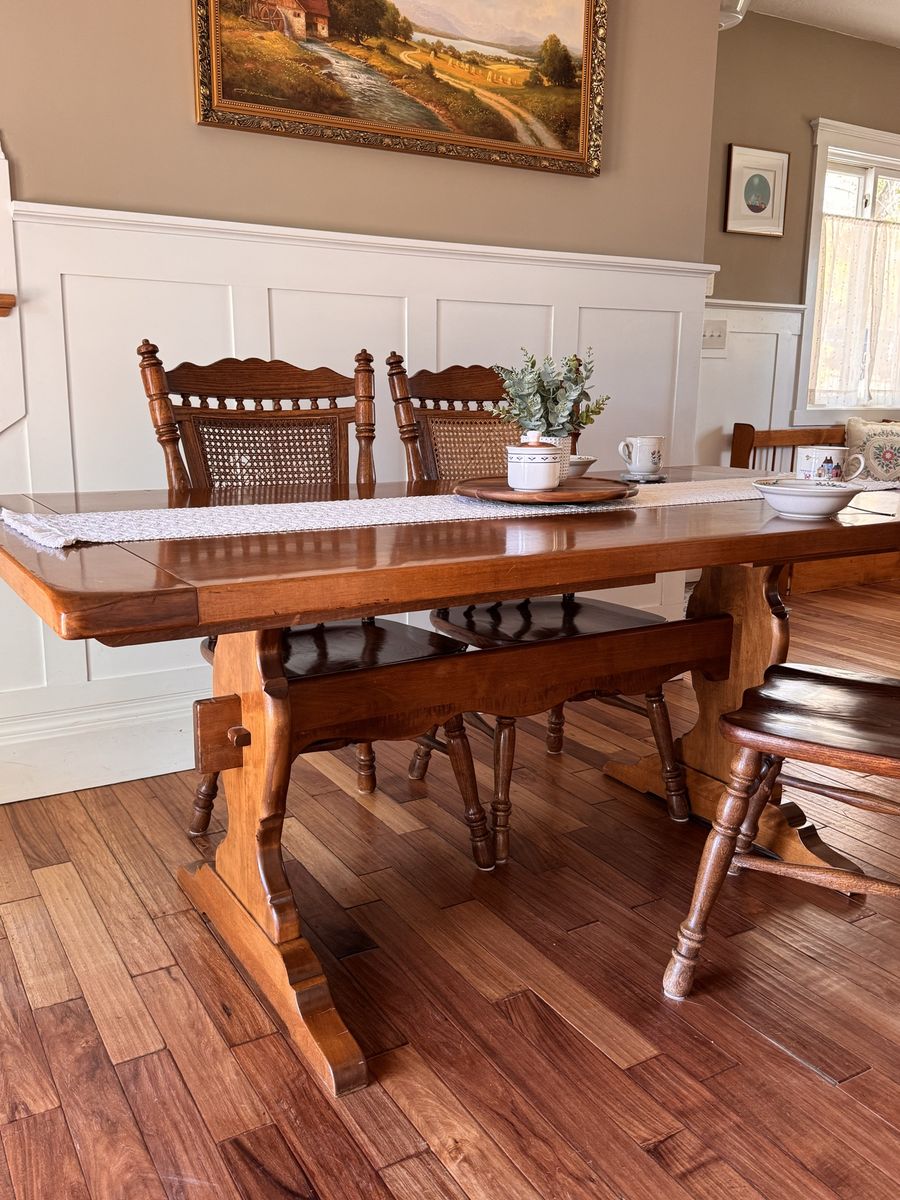 Ethan Allen Solid Wood Trestle Dining Table - Farmhouse Style