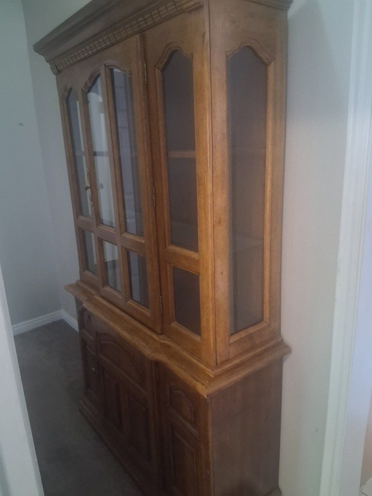 Vintage Wooden Display Cabinet China Hutch with Glass Doors - Light Brown Finish