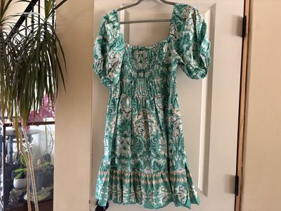 New Teal Dress w/ Smocked Bodice & Puff Sleeves Sz L - 2 available