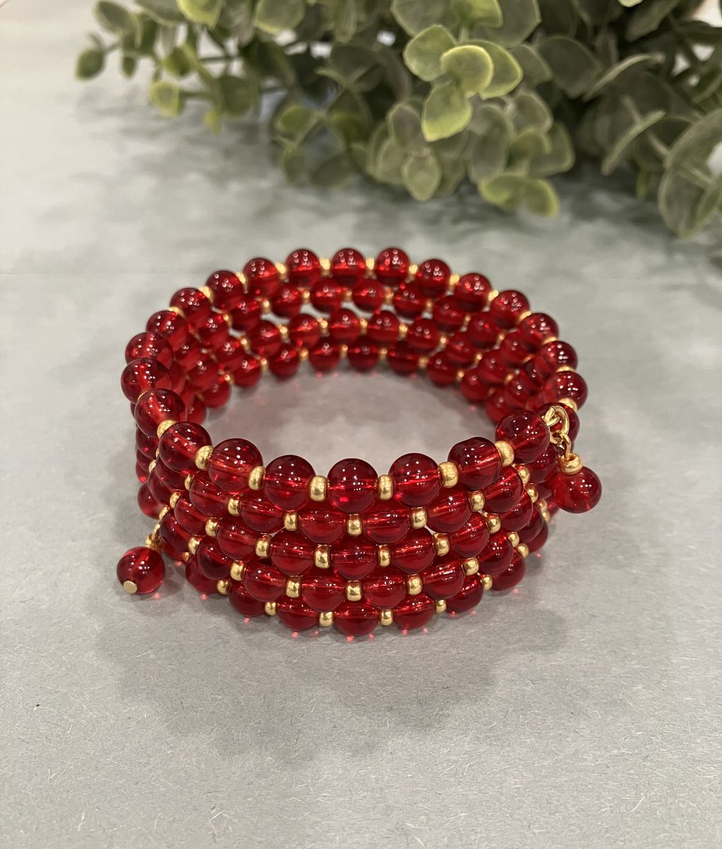 Vibrant Gold & Red Multiple Coil Charm Beaded Bracelet