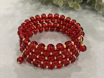 Vibrant Gold & Red Multiple Coil Charm Beaded Bracelet