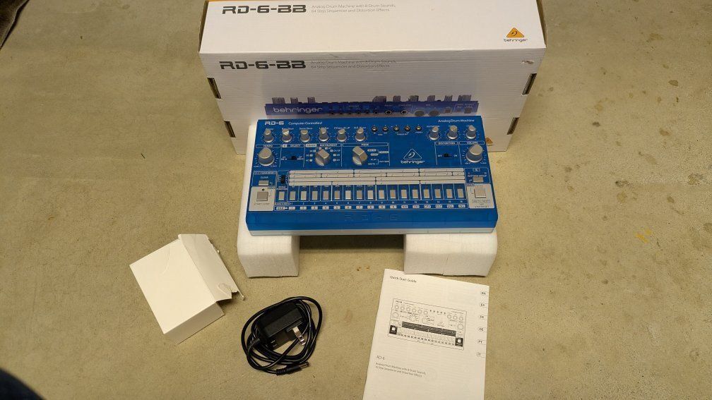 Behringer RD-6-BB Analog Drum Machine Blue Translucent with Box Power Supply Manual