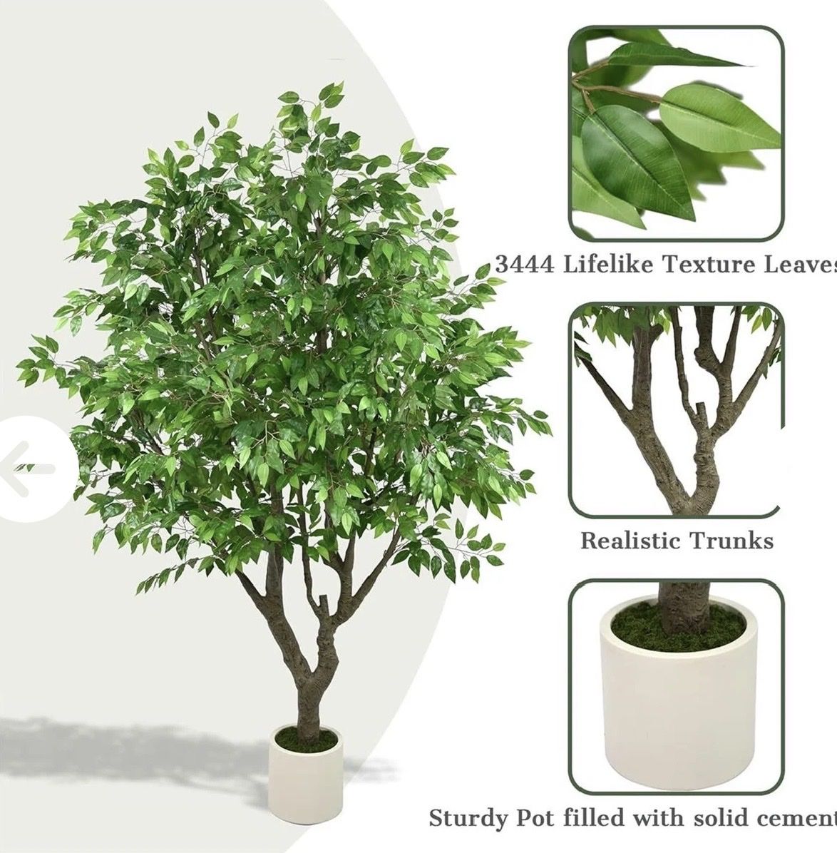 New 8’ Large Faux Ficus Tree - Realistic Ficus Plant with 3444 Lifelike Leaves & Sturdy White Pot Retails $500