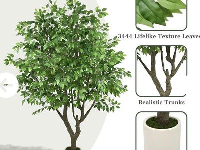 New 8’ Large Faux Ficus Tree - Realistic Ficus Plant with 3444 Lifelike Leaves & Sturdy White Pot Retails $500