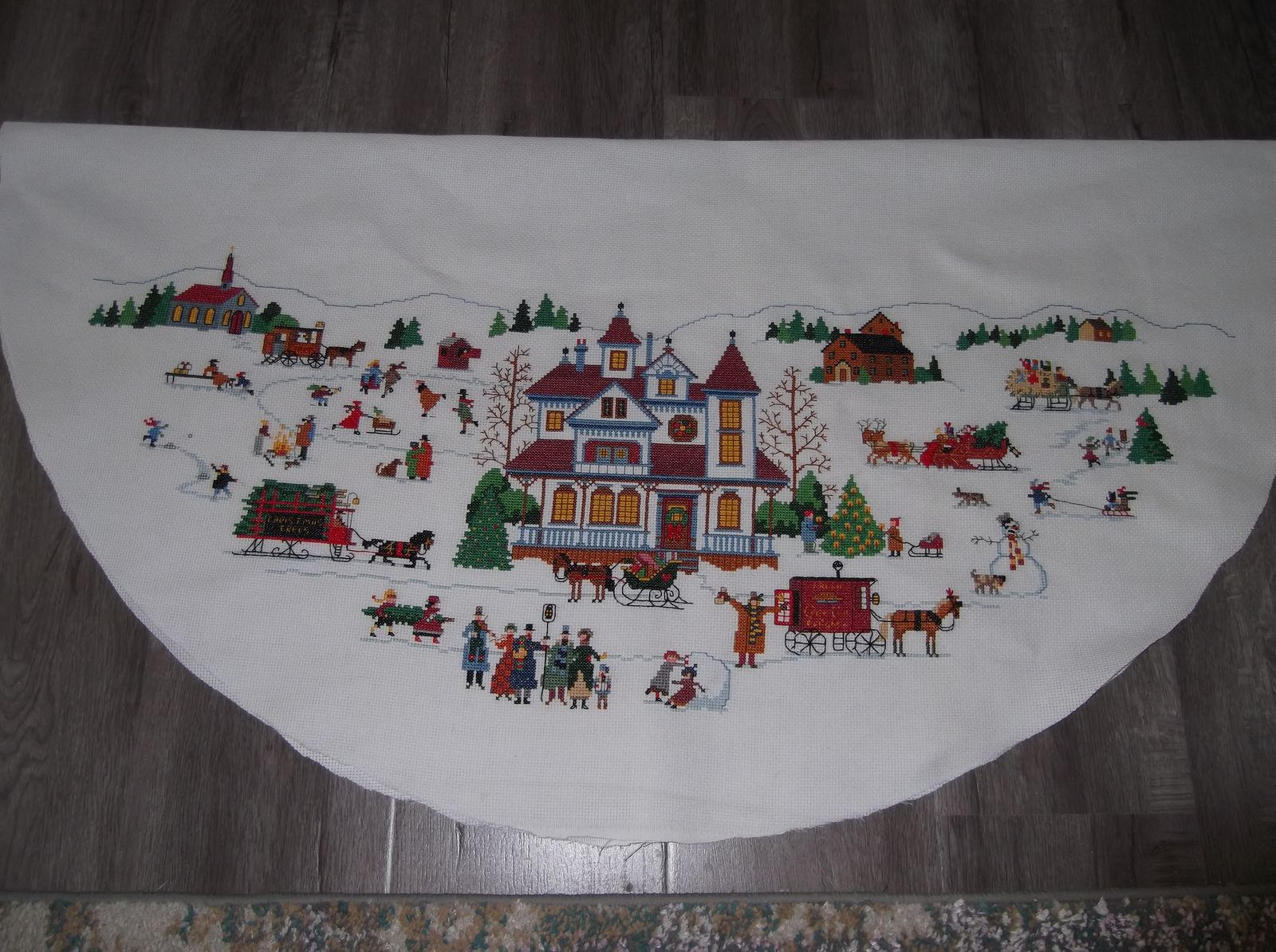 Yuletide Village cross-stitch Christmas tree skirt