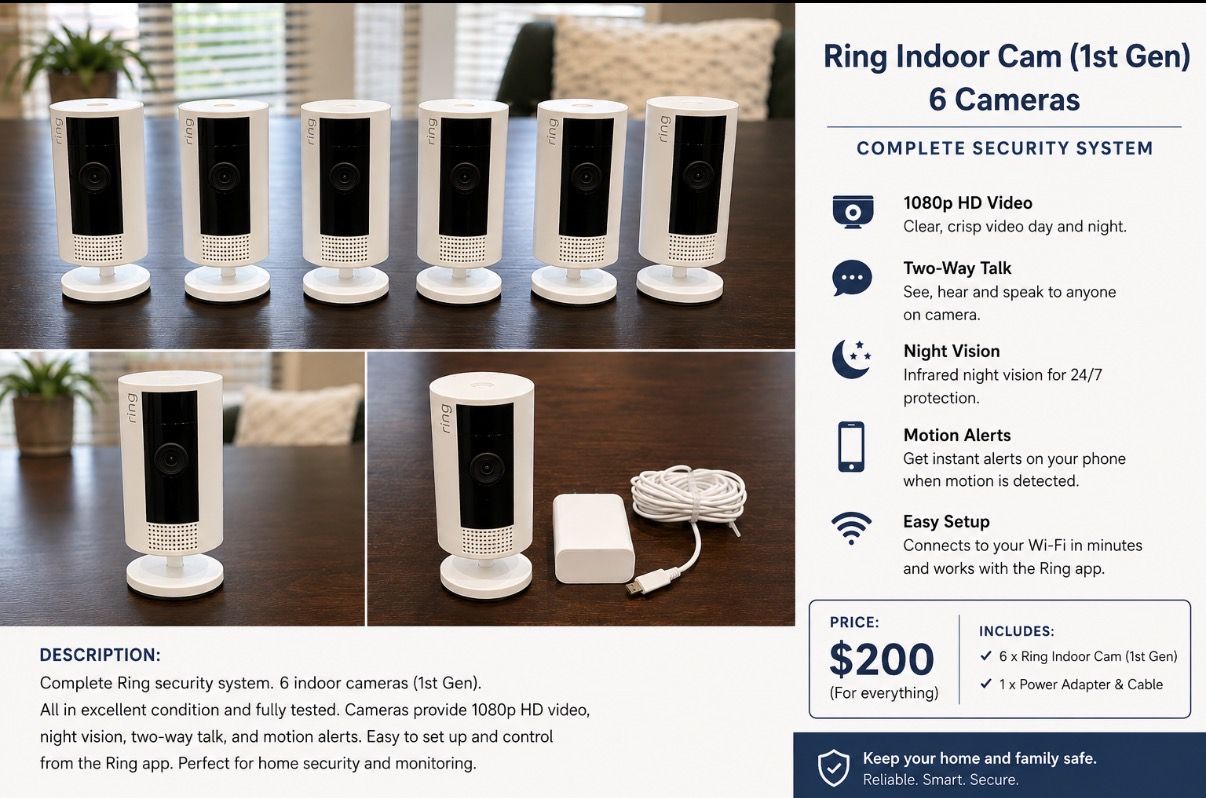 Ring Indoor Cam (1st Gen) - 6 Camera Complete Security System, 1080p HD Video, Night Vision