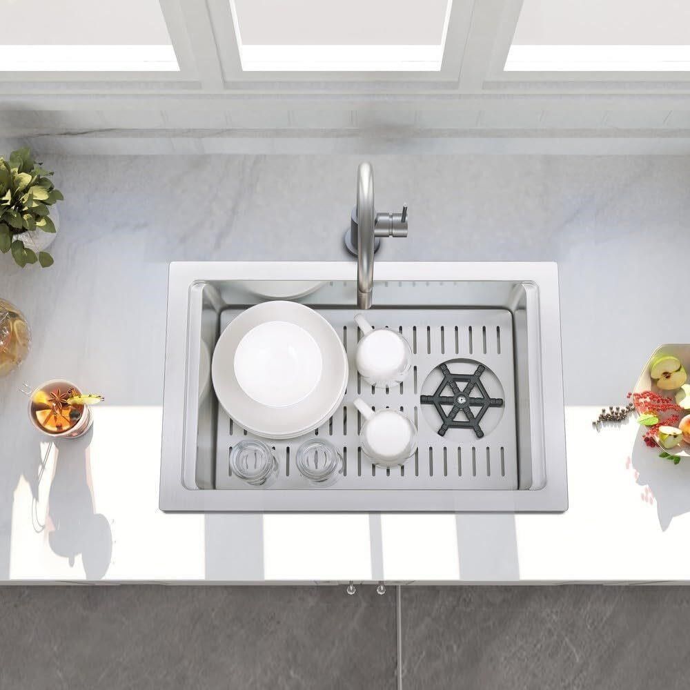 Bar sink, Single Bowl undermount kitchen sink, Stainless steel drop in sink with drain board, Glass rinser in the bottom,