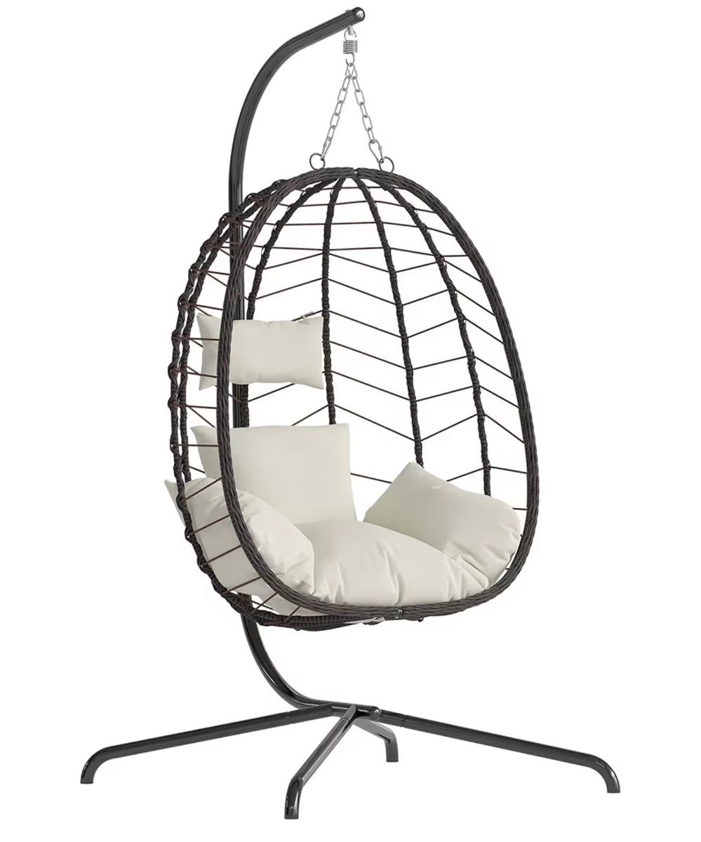 Brand new Outdoor Wicker Hanging Egg Chair with Stand - Brown Wicker, Cream Cushions - Relaxing Patio Swing