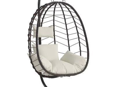 Brand new Outdoor Wicker Hanging Egg Chair with Stand - Brown Wicker, Cream Cushions - Relaxing Patio Swing