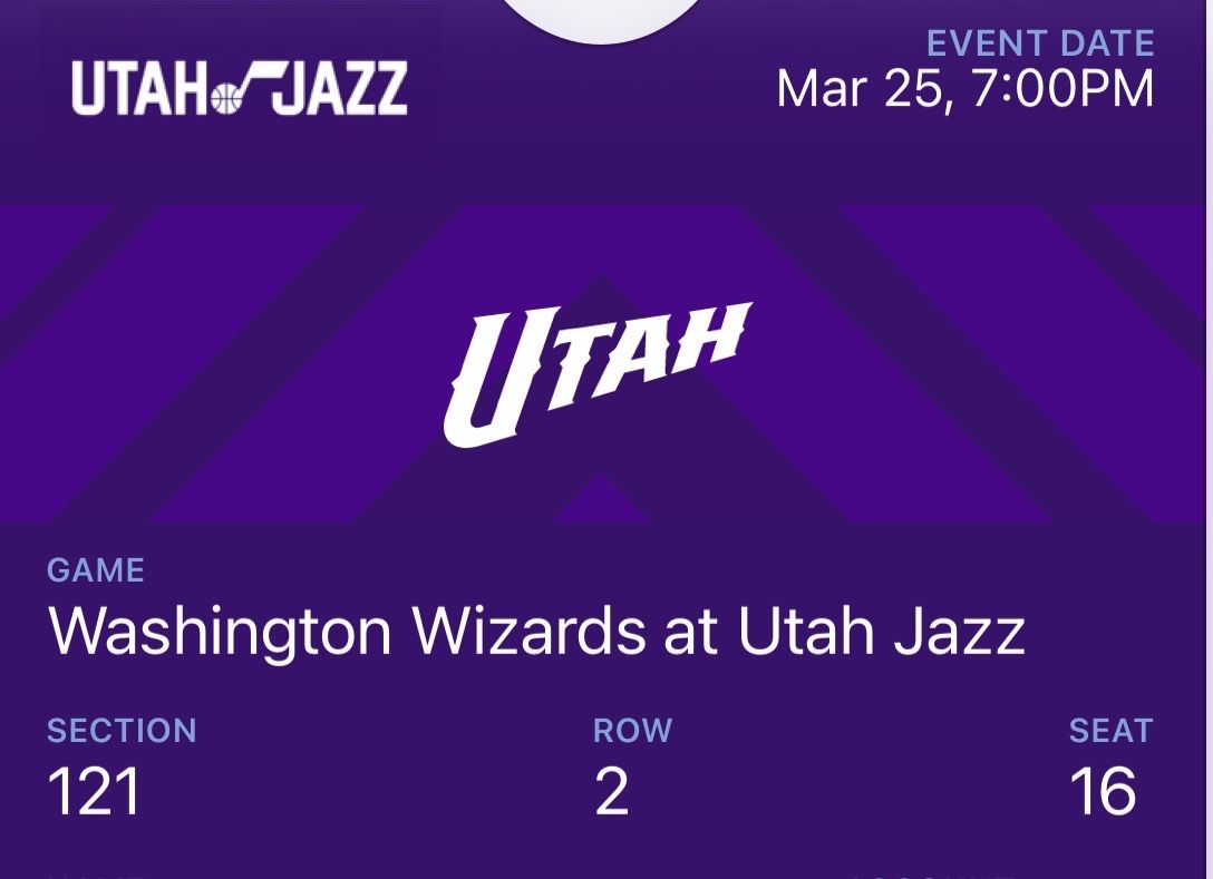 2 Utah Jazz Tickets Vs Wizards 3/25 2nd Row