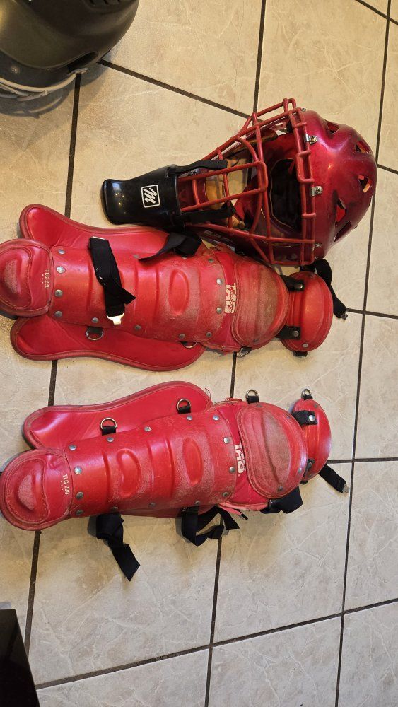 Easton Baseball Catcher's Mask & Shin Guards Set - Red, Adult Size