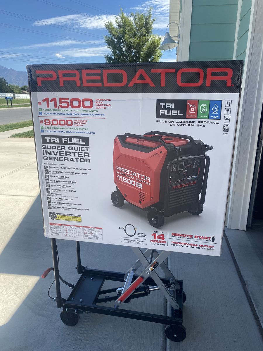 Predator generator 11,500 watt tri-fuel with husky hydraulic lift table