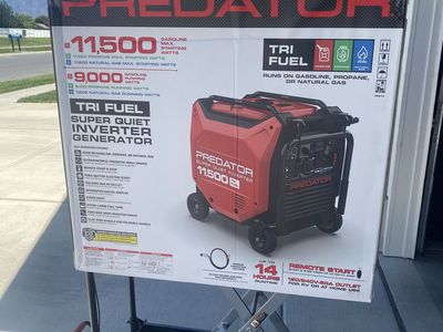 Predator generator 11,500 watt tri-fuel with husky hydraulic lift table
