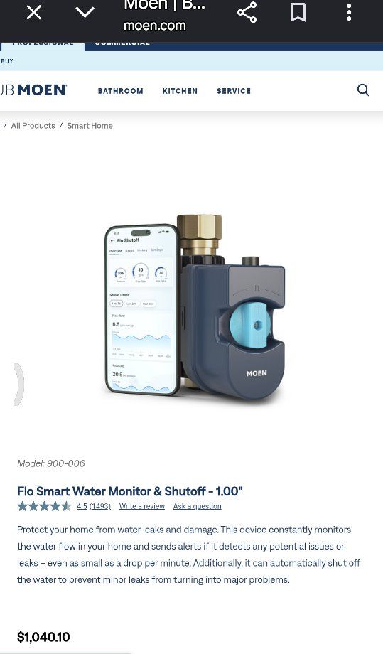 New Moen Flo Smart Home Automatic Leak Detector Shut-off Valve