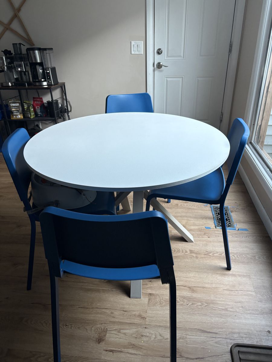 Round White Dining Table with 4 Blue Chairs - Modern Kitchen/Dining Set