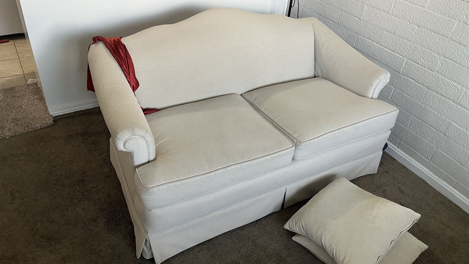 Cream beige Loveseat Sofa Couch with Skirted Base and Rolled Arms - Compact 2-Seater