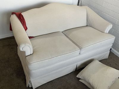 Cream beige Loveseat Sofa Couch with Skirted Base and Rolled Arms - Compact 2-Seater