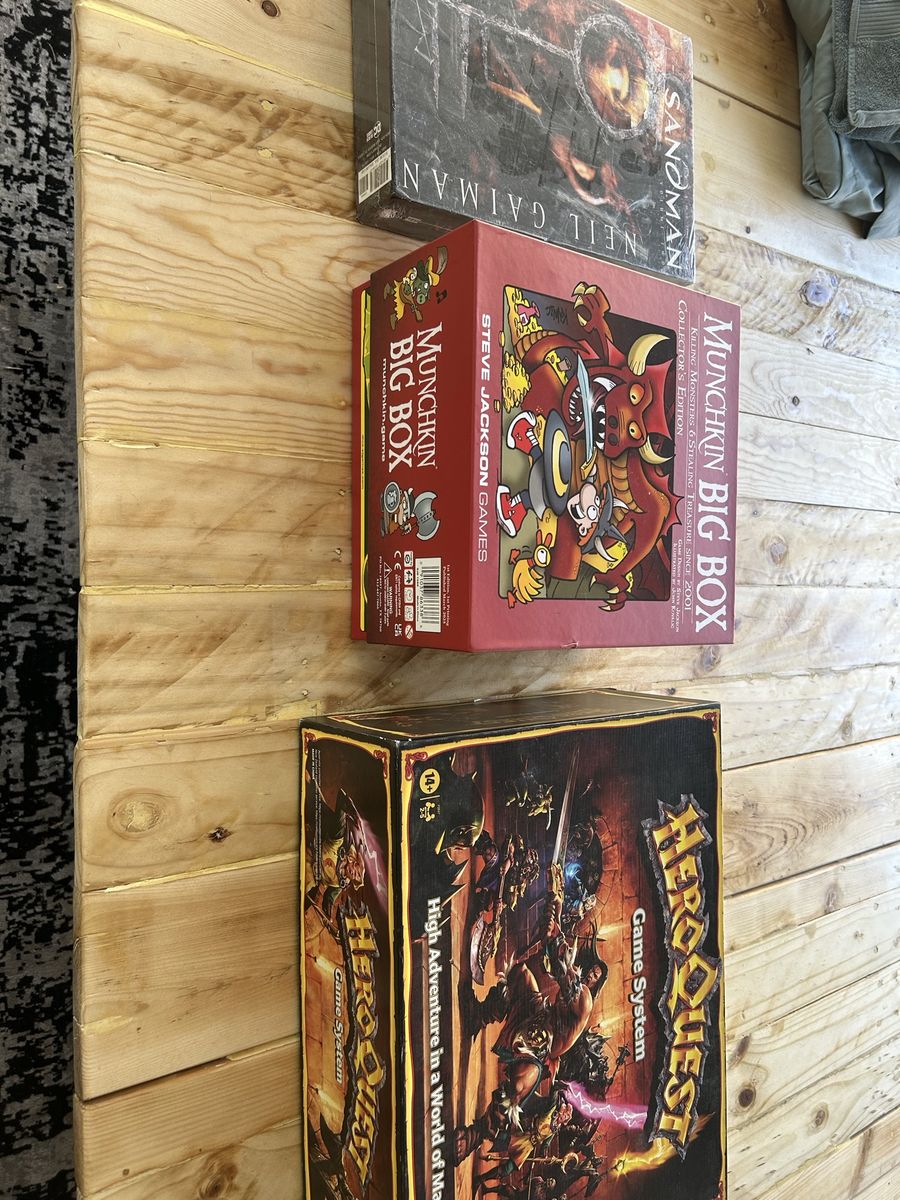 HeroQuest Game System, Munchkin Big Box, and The Sandman Vol 2 Board & Book Set